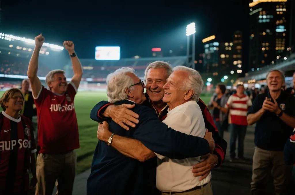 不同年代球迷在球场外庆祝