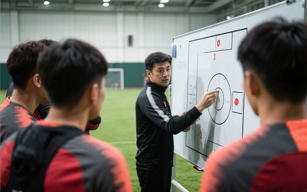 教练在战术板前布置方案，球员围拢聆听的纪实感画面