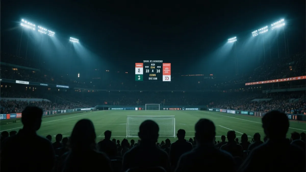 夜晚球场灯光下的观众与记分牌氛围图，象征决赛夜告别与回忆