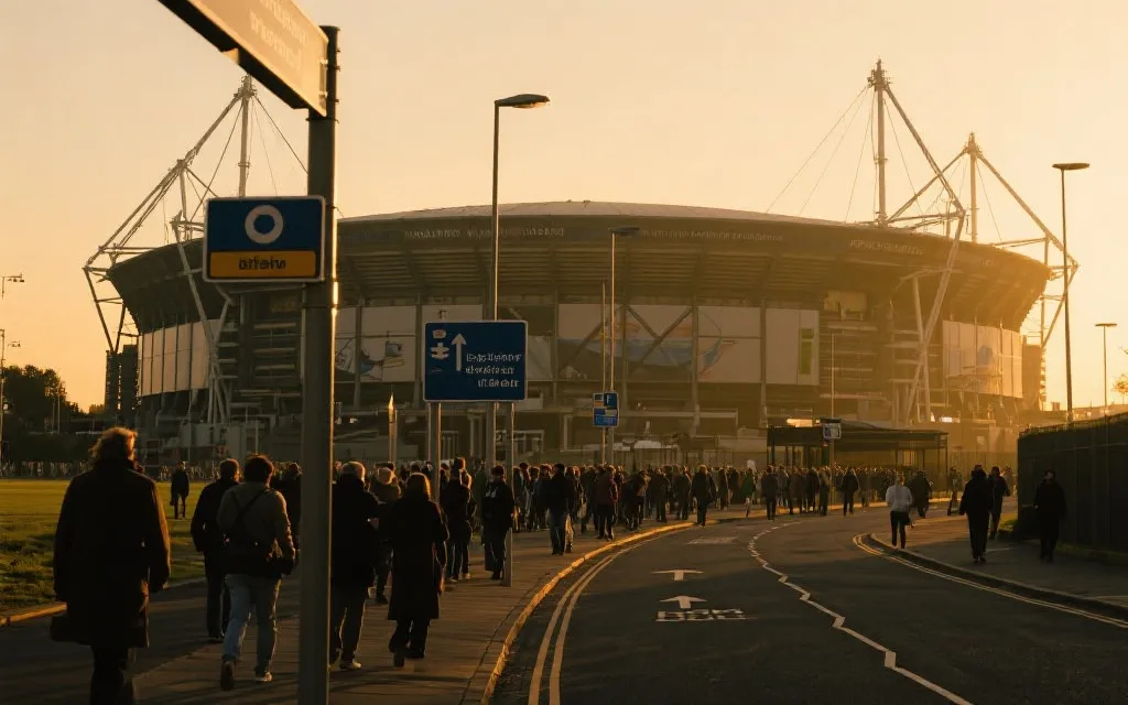 世界杯球场外的人流动线与公共交通指示，旅行规划氛围