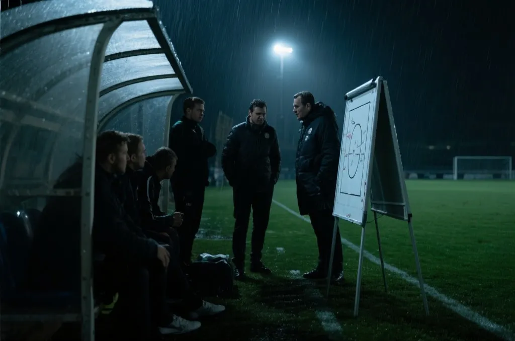 夜间球场在细雨与灯光下，替补席教练拿战术板讨论，强调淘汰赛细节